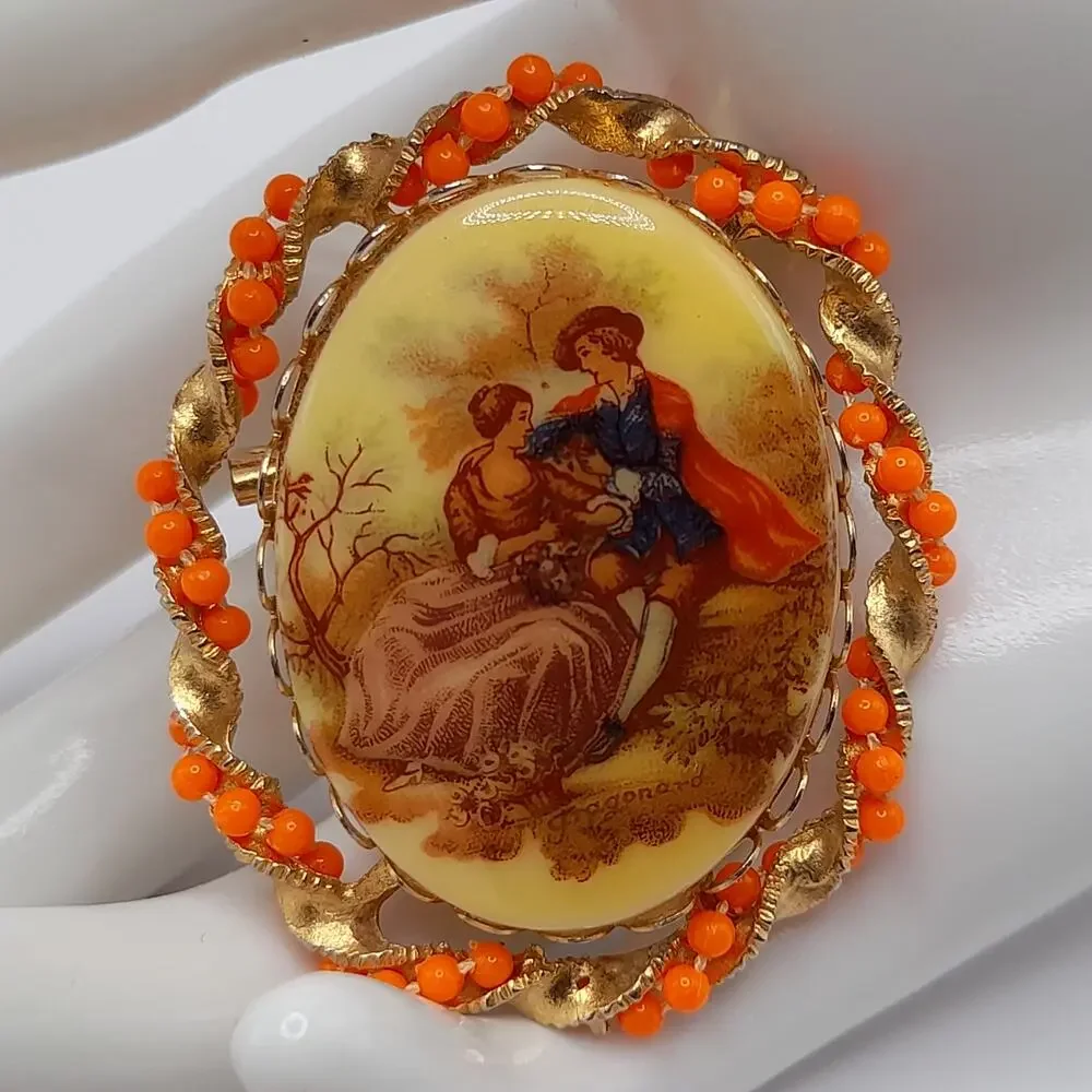 Vintage Romantic Scene Fragonard Style Brooch, Orange Bead Gold Frame, 2 Inches